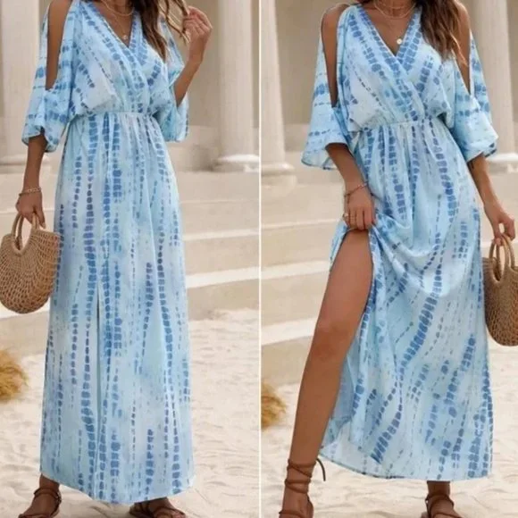 Boho Style Tie dye Cut out Sleeve thigh slit Maxi Dress BLUE - Picture 1 of 8